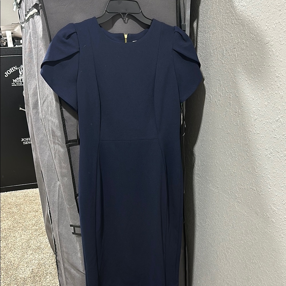 Calvin Klein Blue Midi Sheath Dress with Puff Sleeves for Work